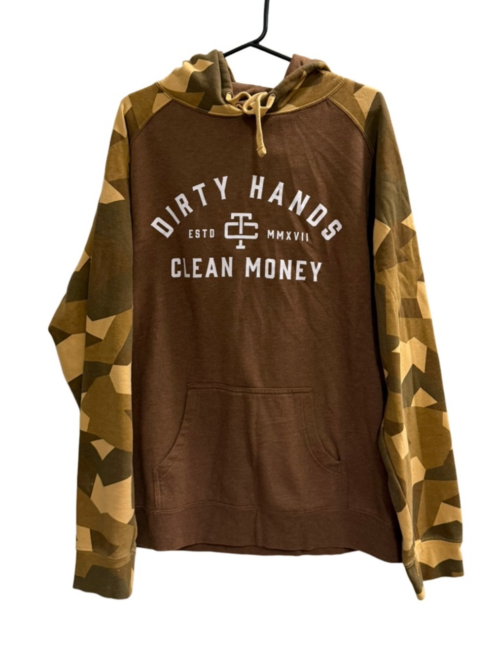 TROLL CO. Dirty Hands Clean Money Hoodie Brown Camo Sleeve Size XXL